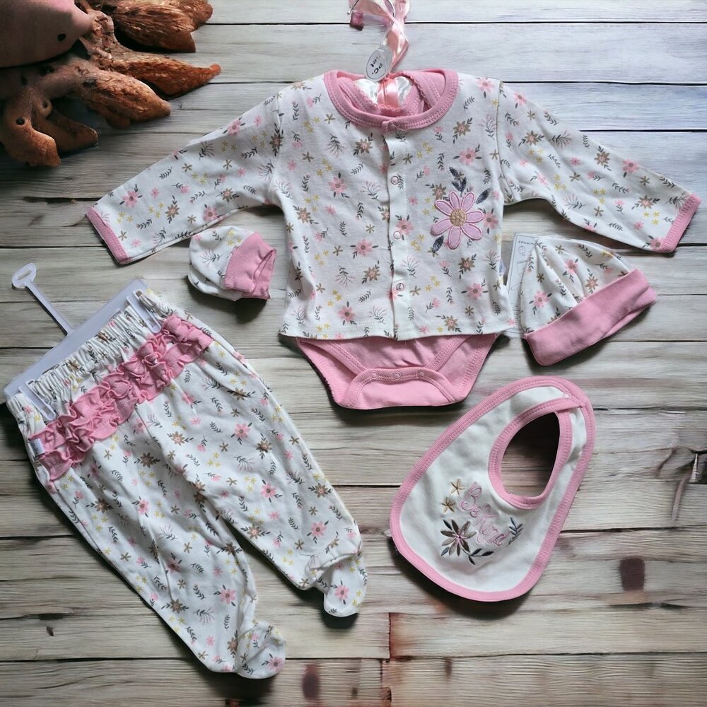 NWT DUCK DUCK GOOSE ( 3 - 6 MO. ) 8 PC. Cotton Pink White Floral Baby Set